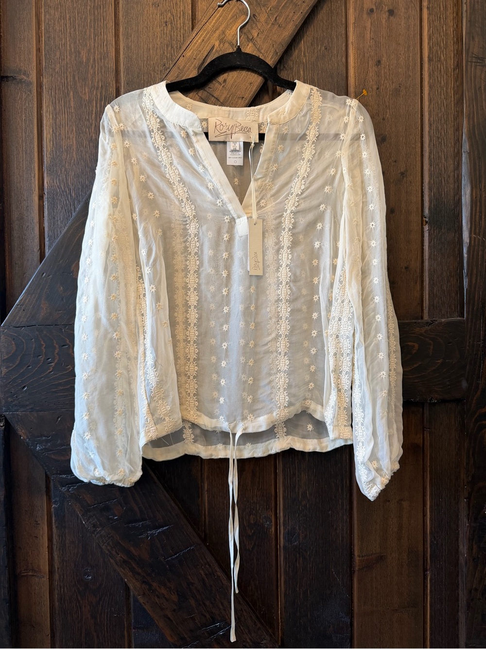 Rory Beca 100% Silk Embroidered Sheer Blouse White Boho Long Sleeve XS NWT